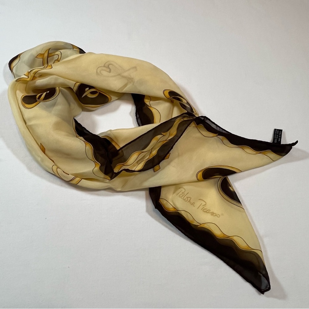 Paloma Picasso Vintage Made In Italy ”Hugs & Kisses” Silk Scarf Yellow & Brown - Picture 7 of 7